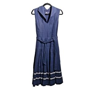 Jones New York Navy Blue Linen Dress Pleated Skirt Stripes Womens 10 Nautical‎ *